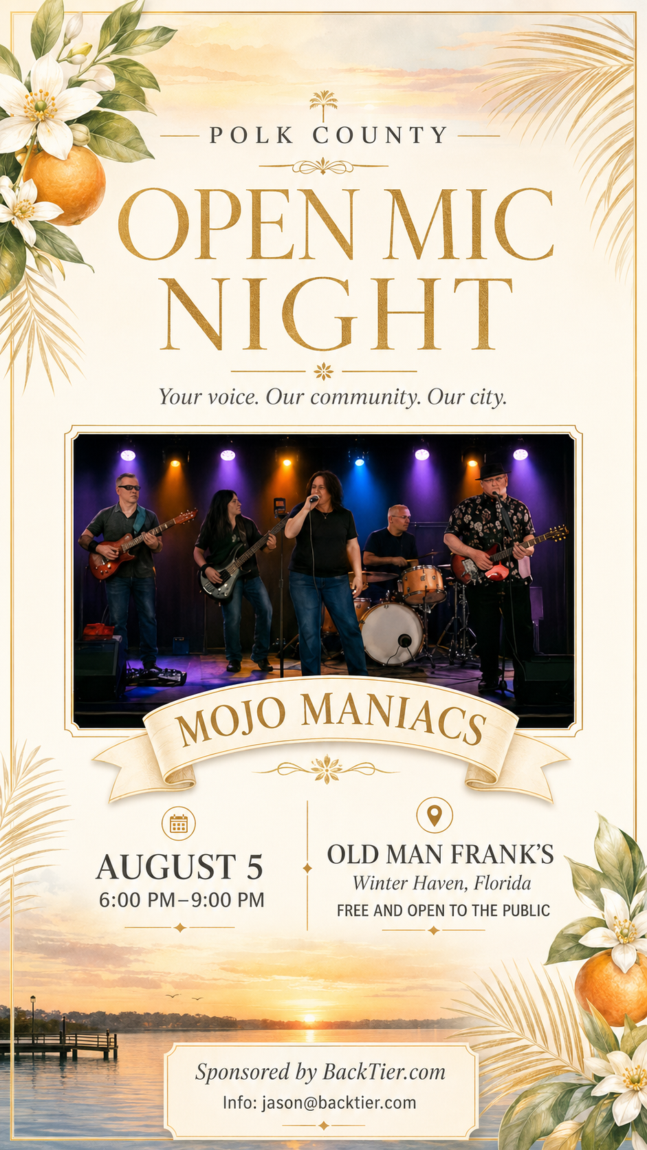 Polk County Open Mic Night · August 5 · Mojo Maniacs at Old Man Frank's, Winter Haven